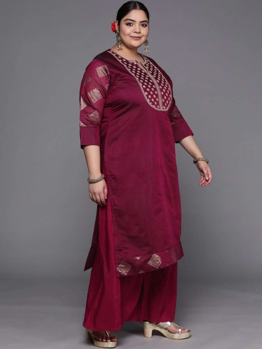 Women Maroon Ethnic Motifs Yoke Design Chanderi Cotton Kurta with Palazzos & With Dupatta - Inddus.com