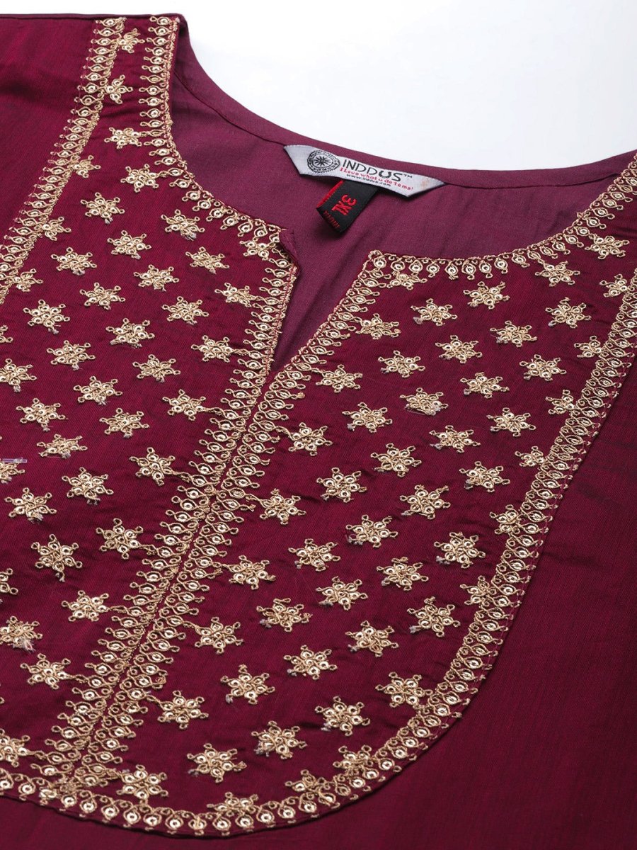 Women Maroon Ethnic Motifs Yoke Design Chanderi Cotton Kurta with Palazzos & With Dupatta - Inddus.com