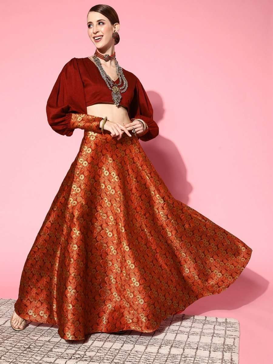 Women Maroon & Gold-Toned Brocade Silk Blend Top with Skirt - Inddus.com