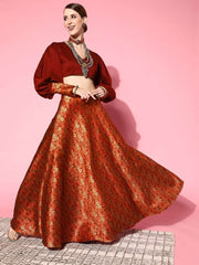 Women Maroon & Gold-Toned Brocade Silk Blend Top with Skirt - Inddus.com