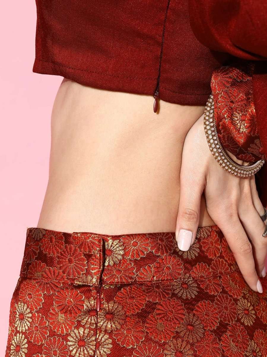 Women Maroon & Gold-Toned Brocade Silk Blend Top with Skirt - Inddus.com