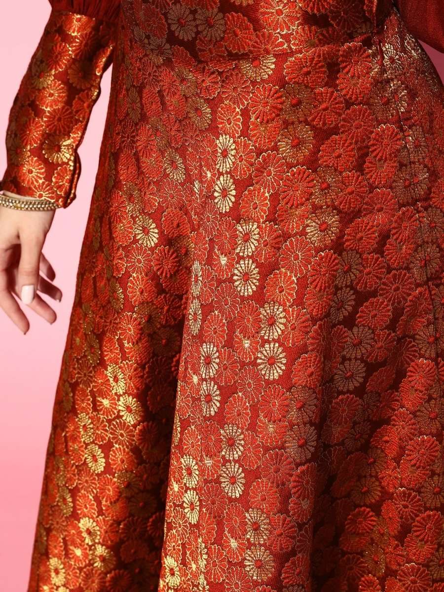 Women Maroon & Gold-Toned Brocade Silk Blend Top with Skirt - Inddus.com