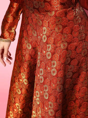 Women Maroon & Gold-Toned Brocade Silk Blend Top with Skirt - Inddus.com
