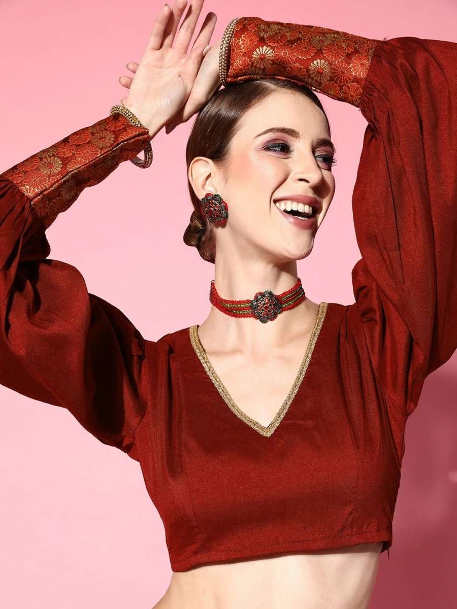 Women Maroon & Gold-Toned Brocade Silk Blend Top with Skirt - Inddus.com