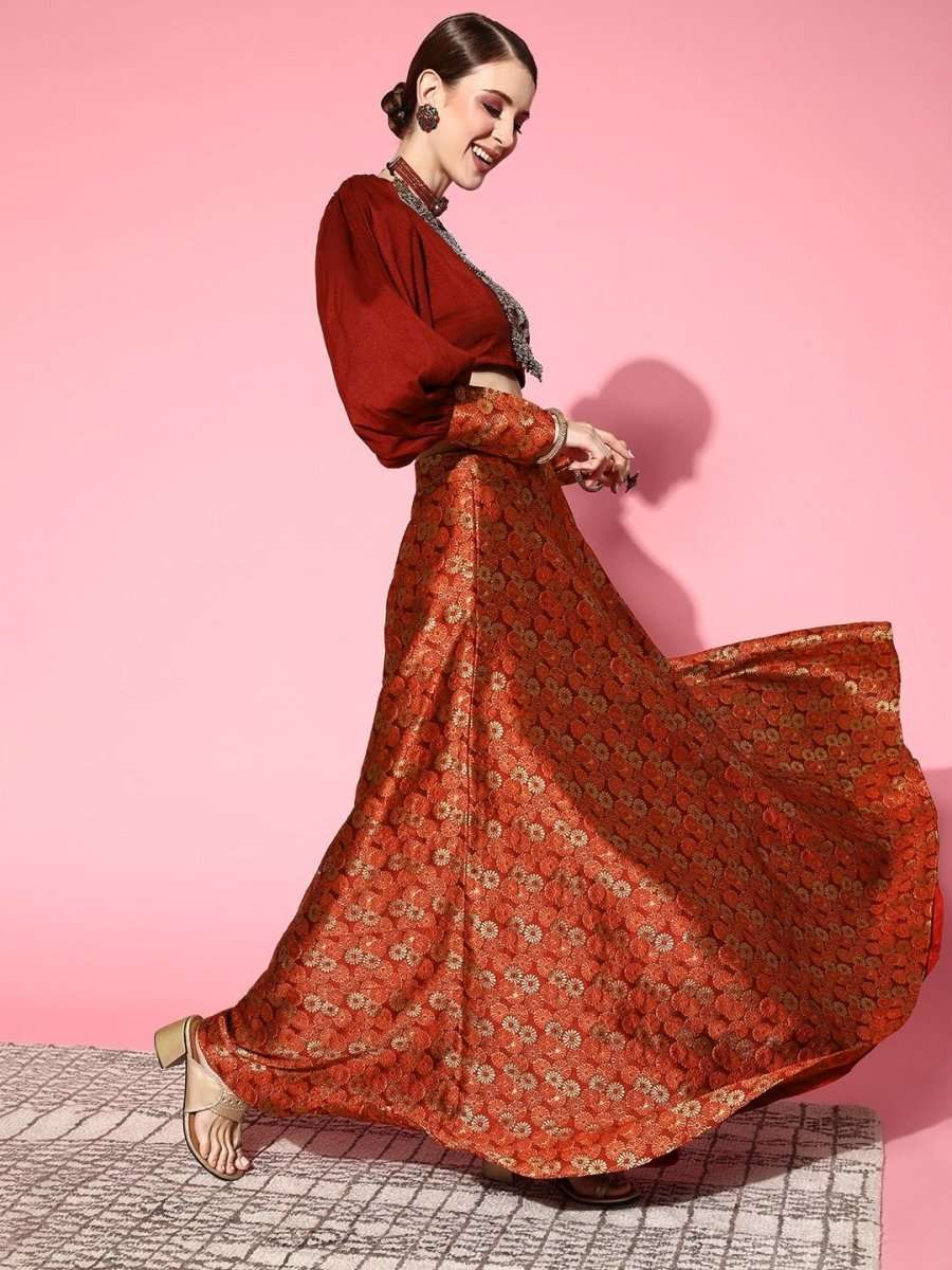 Women Maroon & Gold-Toned Brocade Silk Blend Top with Skirt - Inddus.com
