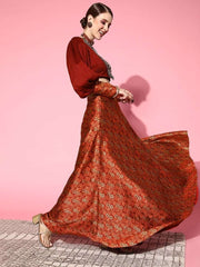 Women Maroon & Gold-Toned Brocade Silk Blend Top with Skirt - Inddus.com
