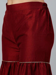 Women Maroon & Gold-Toned Embroidered Kurta with Sharara & Dupatta - inddus-us