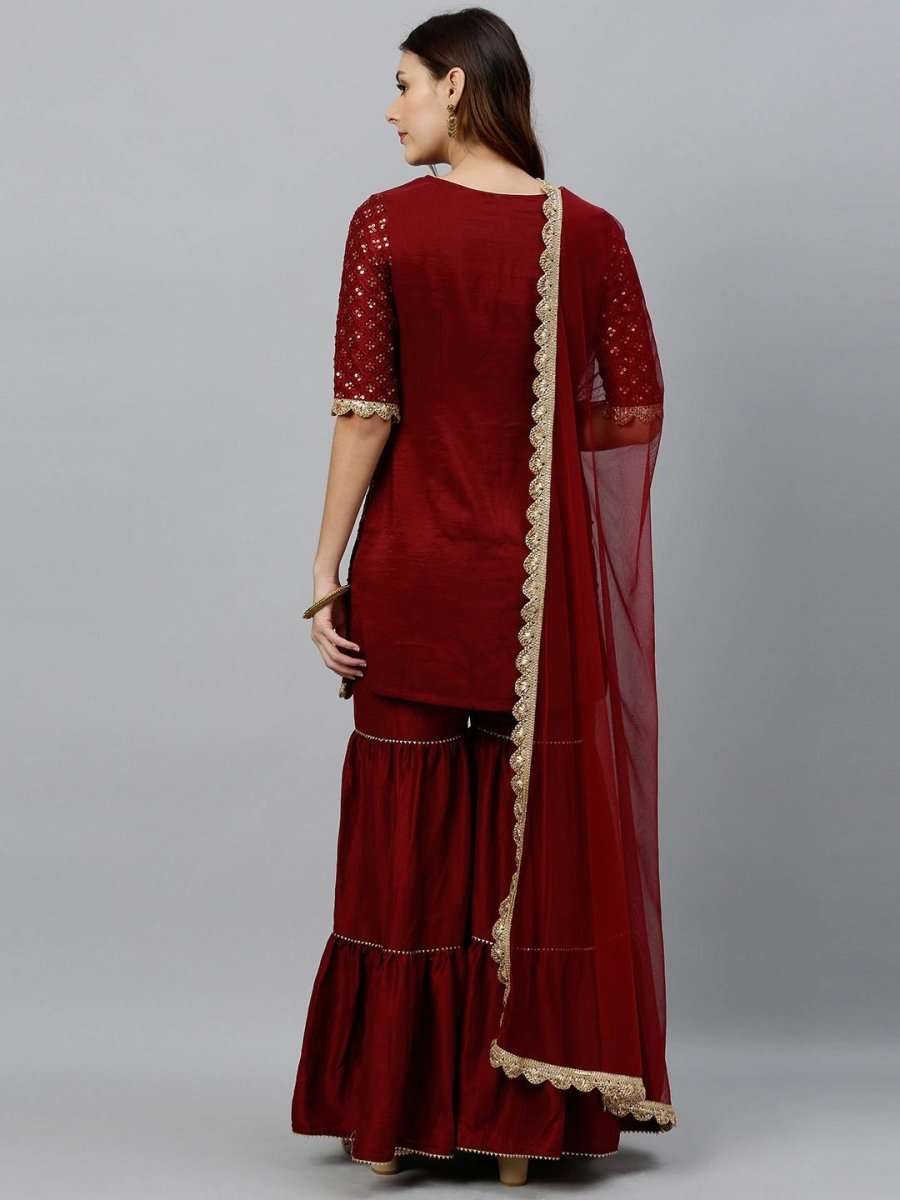 Women Maroon & Gold-Toned Embroidered Kurta with Sharara & Dupatta - inddus-us