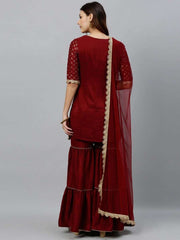 Women Maroon & Gold-Toned Embroidered Kurta with Sharara & Dupatta - inddus-us