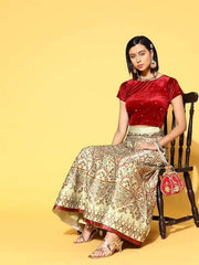 Women Maroon & Golden Sequinned Velvet Stretchable Blouse - Inddus.com