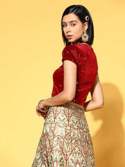 Women Maroon & Golden Sequinned Velvet Stretchable Blouse - Inddus.com