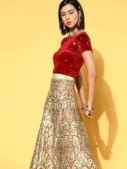 Women Maroon & Golden Sequinned Velvet Stretchable Blouse - Inddus.com