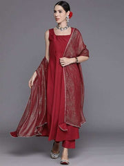 Women Maroon Kurta with Trousers & With Dupatta - Inddus.com