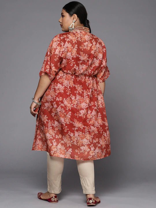 Women Maroon & Orange Floral Printed Organza Kaftan Kurta - Inddus.com