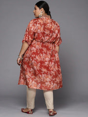 Women Maroon & Orange Floral Printed Organza Kaftan Kurta - Inddus.com
