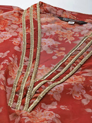 Women Maroon & Orange Floral Printed Organza Kaftan Kurta - Inddus.com