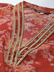Women Maroon & Orange Floral Printed Organza Kaftan Kurta - Inddus.com