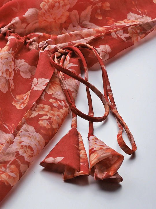 Women Maroon & Orange Floral Printed Organza Kaftan Kurta - Inddus.com