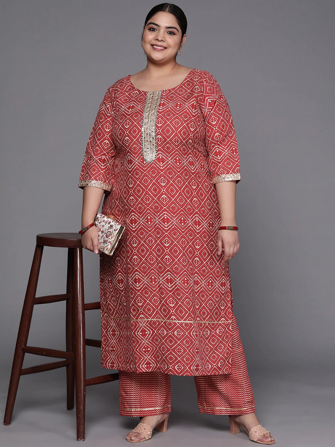Women Maroon Printed Mirror Work Kurta with Palazzos - Inddus.com