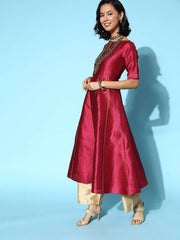 Women Maroon Silk Swirling Volume Kurta - Inddus.com