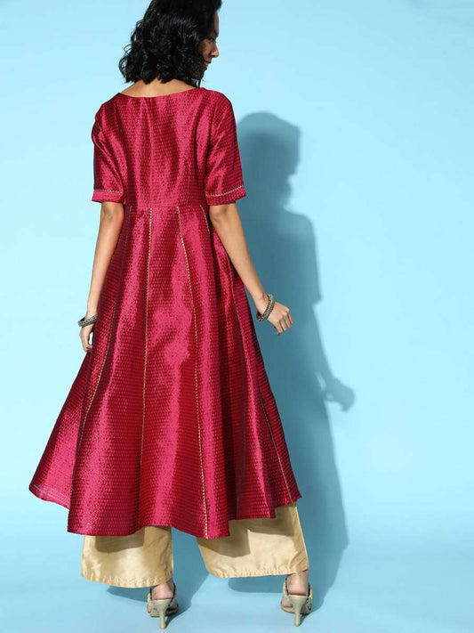 Women Maroon Silk Swirling Volume Kurta - Inddus.com