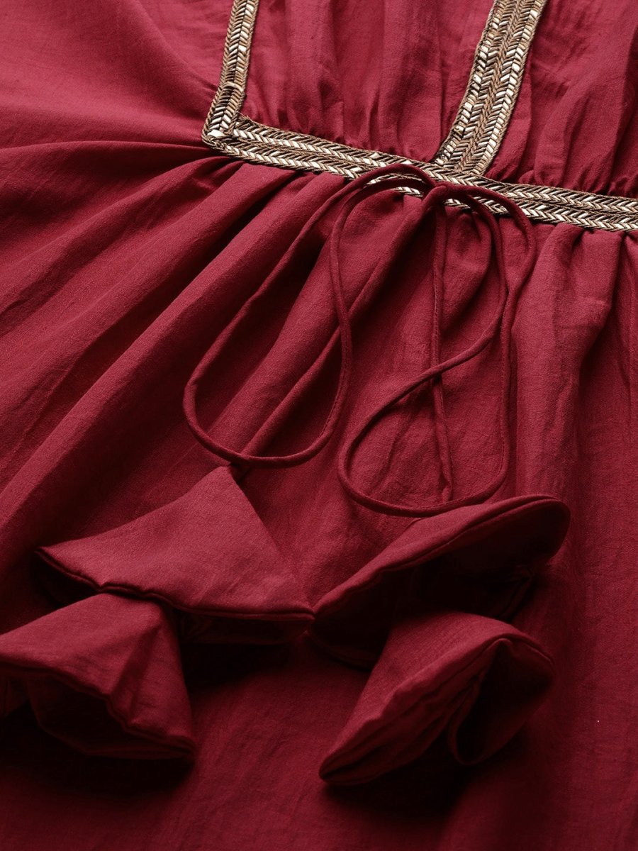 Women Maroon Solid Extended Sleeves Gotta Patti Kaftan Kurta - Inddus.com