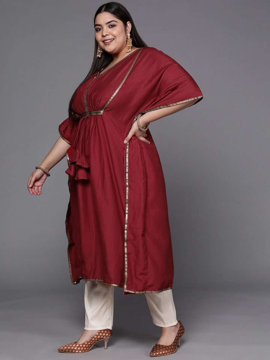 Women Maroon Solid Extended Sleeves Gotta Patti Kaftan Kurta - Inddus.com