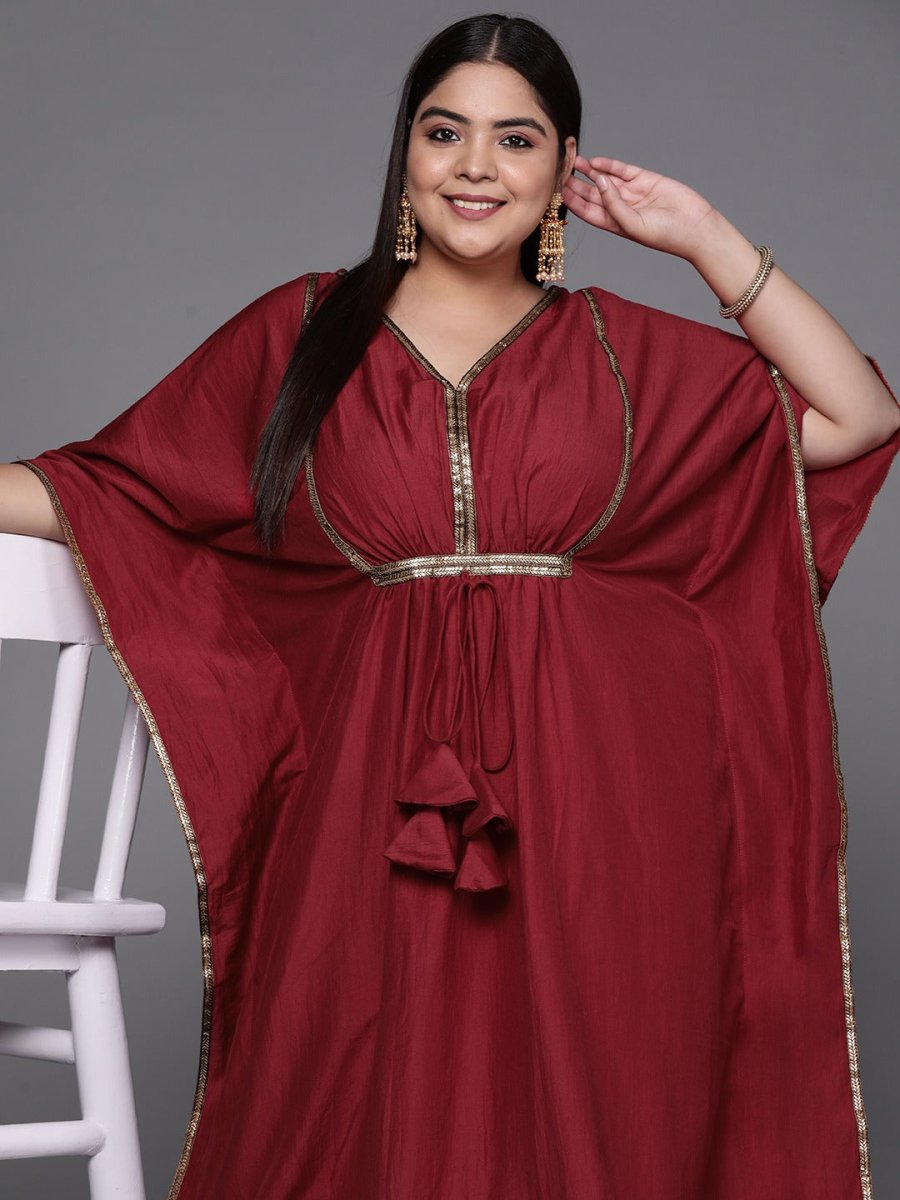 Women Maroon Solid Extended Sleeves Gotta Patti Kaftan Kurta - Inddus.com