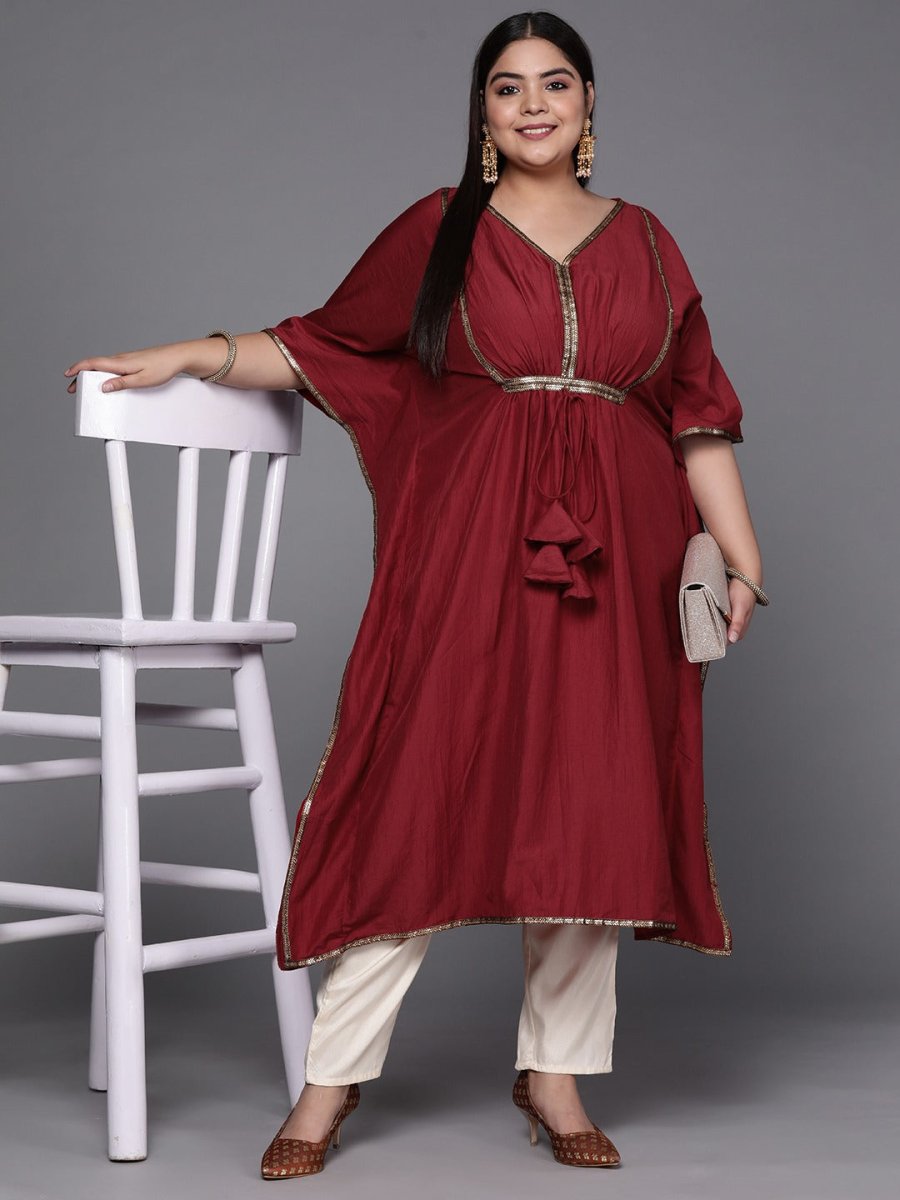 Women Maroon Solid Extended Sleeves Gotta Patti Kaftan Kurta - Inddus.com
