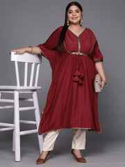 Women Maroon Solid Extended Sleeves Gotta Patti Kaftan Kurta - Inddus.com