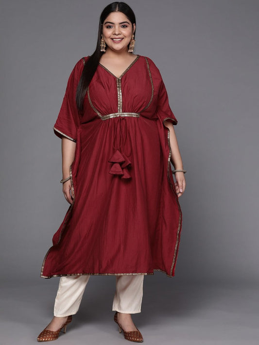 Women Maroon Solid Extended Sleeves Gotta Patti Kaftan Kurta - Inddus.com