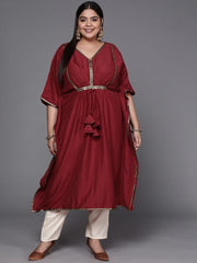 Women Maroon Solid Extended Sleeves Gotta Patti Kaftan Kurta - Inddus.com