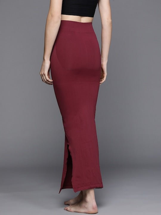 Women Maroon Solid High Compressed Seamless Instant Slimming Saree Shapewear - Inddus.com
