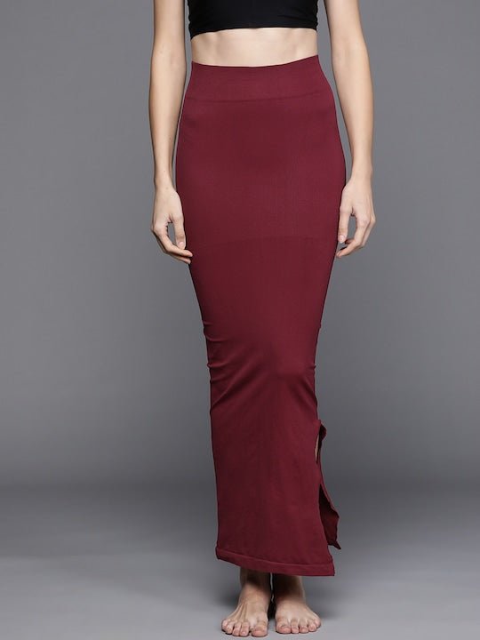Women Maroon Solid High Compressed Seamless Instant Slimming Saree Shapewear - Inddus.com