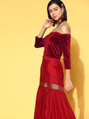 Women Maroon Solid Off Shoulder Velvet Stretchable Blouse - Inddus.com