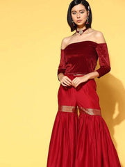 Women Maroon Solid Off Shoulder Velvet Stretchable Blouse - Inddus.com
