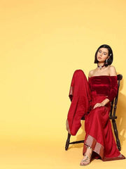 Women Maroon Solid Off Shoulder Velvet Stretchable Blouse - Inddus.com