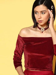 Women Maroon Solid Off Shoulder Velvet Stretchable Blouse - Inddus.com