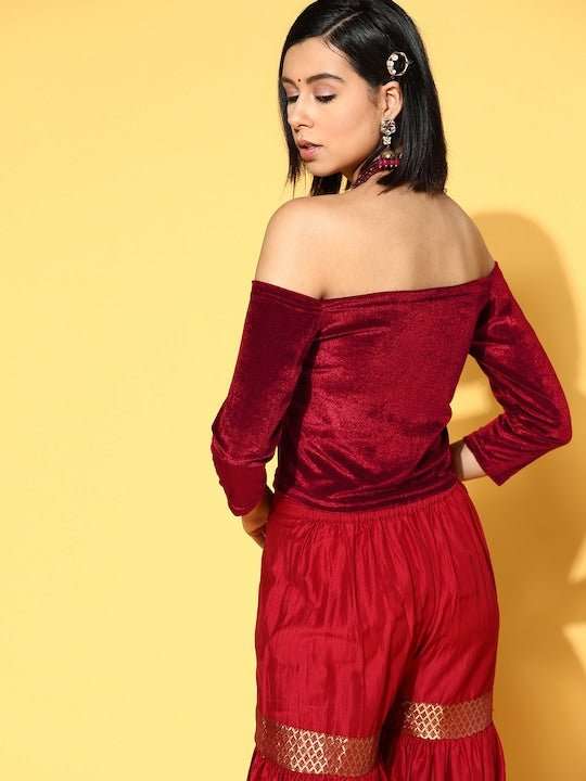 Women Maroon Solid Off Shoulder Velvet Stretchable Blouse - Inddus.com
