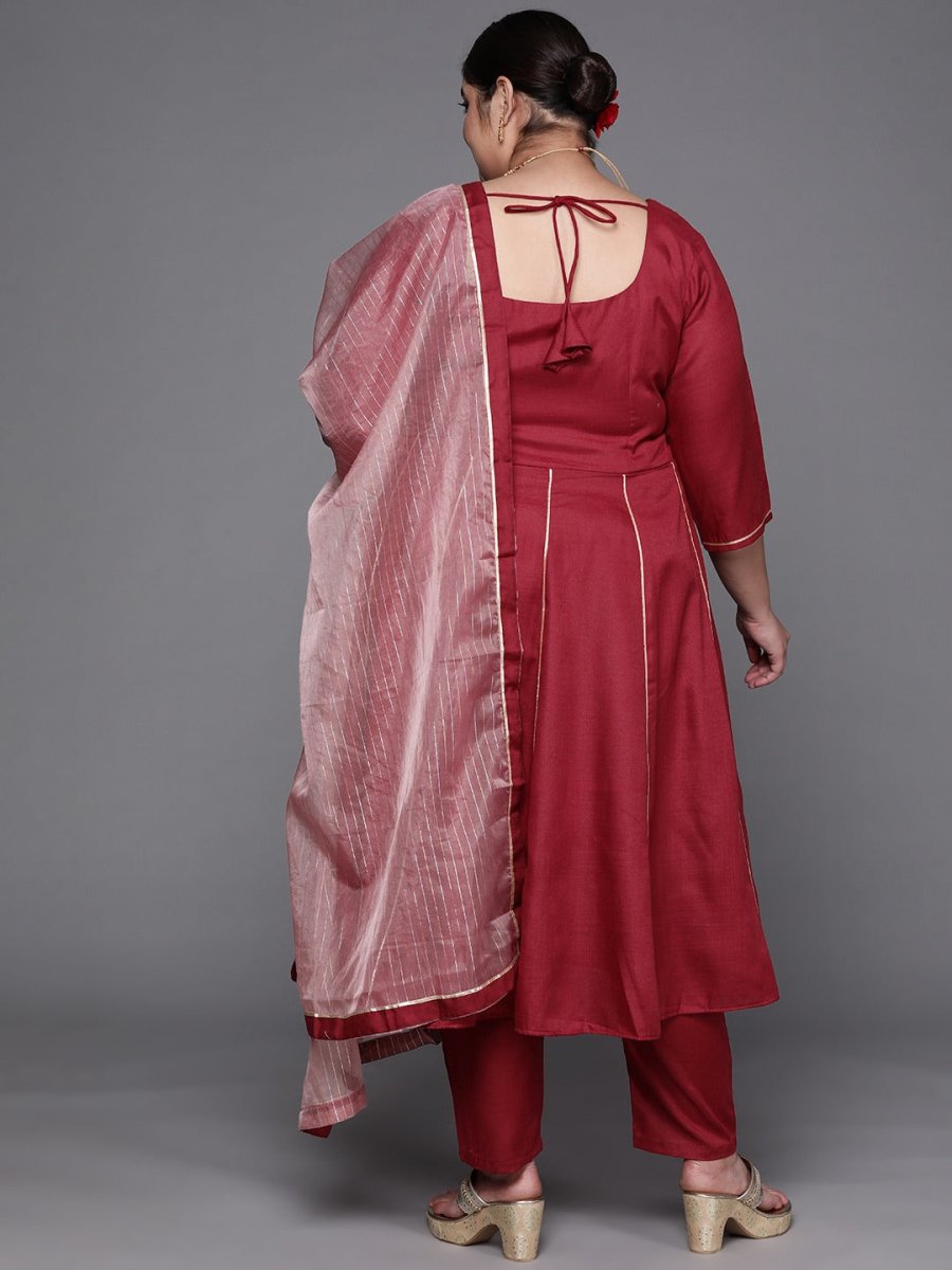 Women Maroon Striped Detail Gotta Patti Kurta with Trousers & With Dupatta - Inddus.com