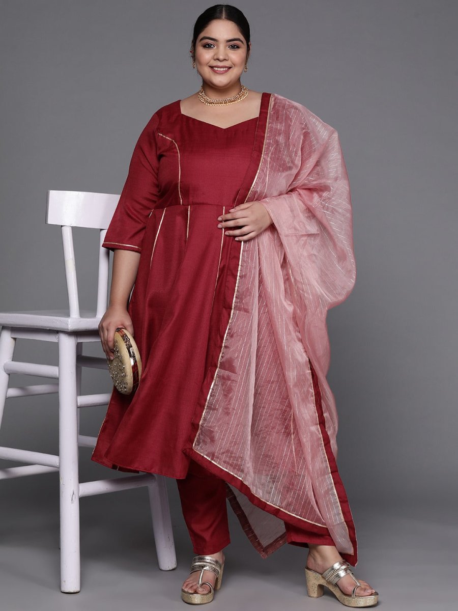 Women Maroon Striped Detail Gotta Patti Kurta with Trousers & With Dupatta - Inddus.com