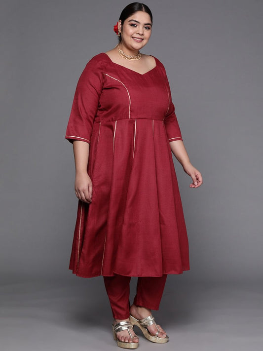 Women Maroon Striped Detail Gotta Patti Kurta with Trousers & With Dupatta - Inddus.com