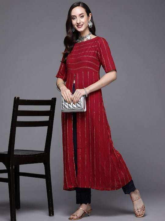 Women Maroon Striped Kurta - Inddus.com