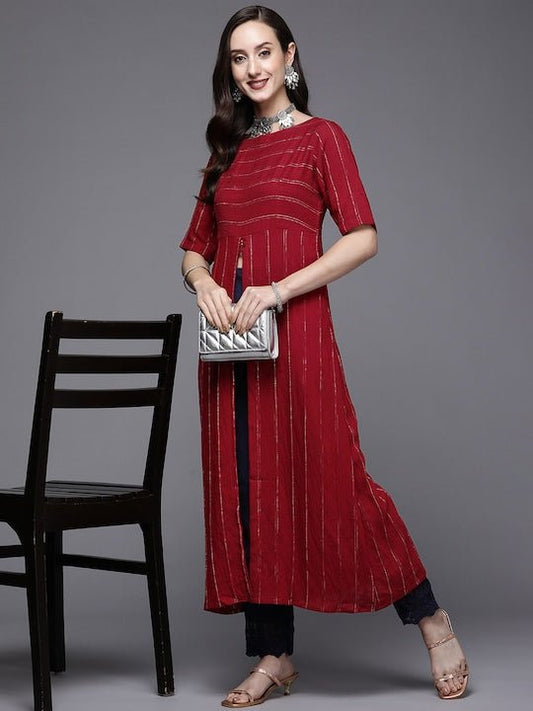 Women Maroon Striped Kurta - Inddus.com