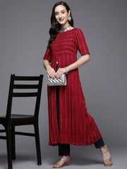 Women Maroon Striped Kurta - Inddus.com