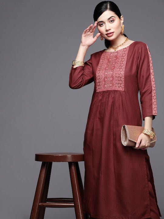 Women Maroon Yoke Design Pleated Kurta with Trousers - Inddus.com