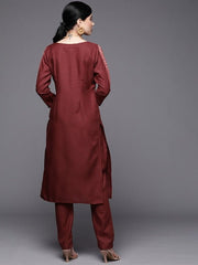 Women Maroon Yoke Design Pleated Kurta with Trousers - Inddus.com
