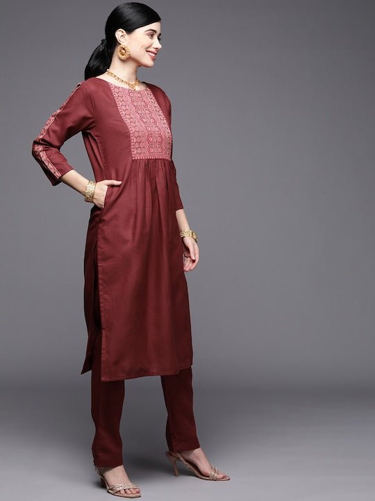 Women Maroon Yoke Design Pleated Kurta with Trousers - Inddus.com