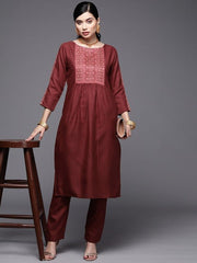 Women Maroon Yoke Design Pleated Kurta with Trousers - Inddus.com
