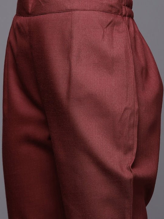 Women Maroon Yoke Design Pleated Kurta with Trousers - Inddus.com